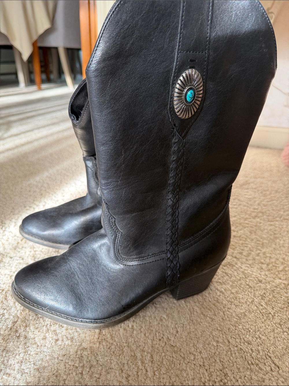 Black Women's Heeled Western Boots with Turquoise Accent
